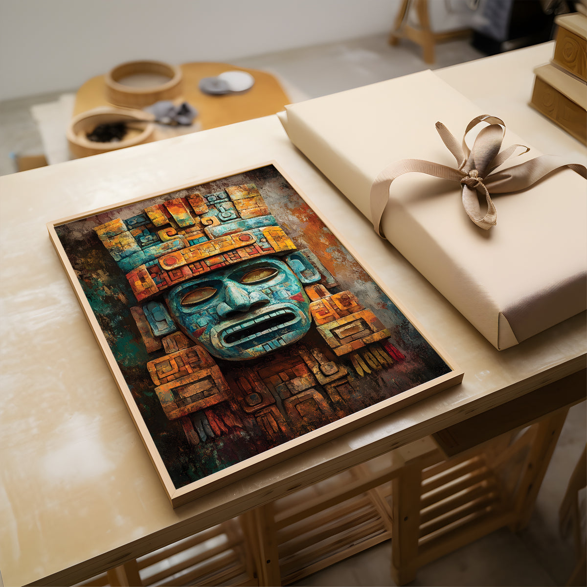 A framed art print featuring an Aztec-style mask in teal, brown, and gold tones, displayed on a light wood table next to a wrapped gift box with a beige ribbon.