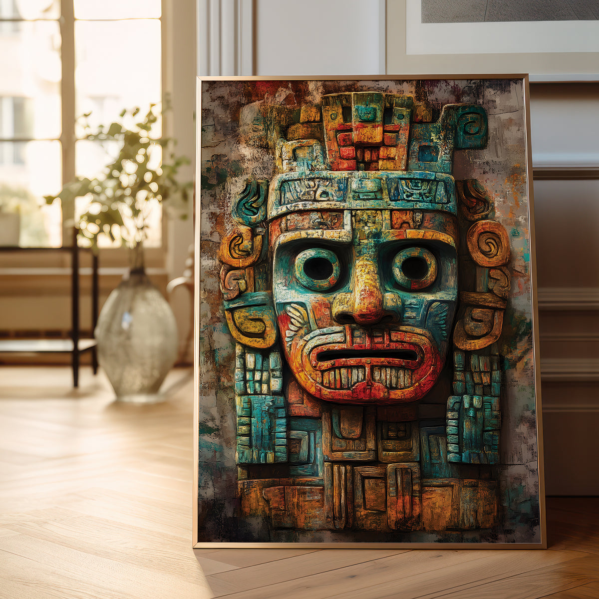 A framed art print featuring a stylized Aztec-style mask with teal, rust red, and gold tones, leaning against a wall on a light wood floor in a softly lit room.