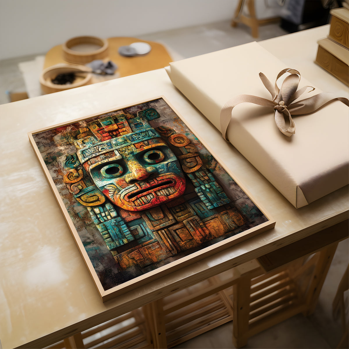 A framed art print featuring an Aztec-style mask with teal, orange, and red tones, displayed on a wooden table next to a wrapped gift box.
