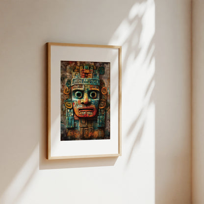 A framed art print featuring a detailed Aztec-style face mask, displayed on a warm beige wall with soft, natural leaf shadows cast across it.
