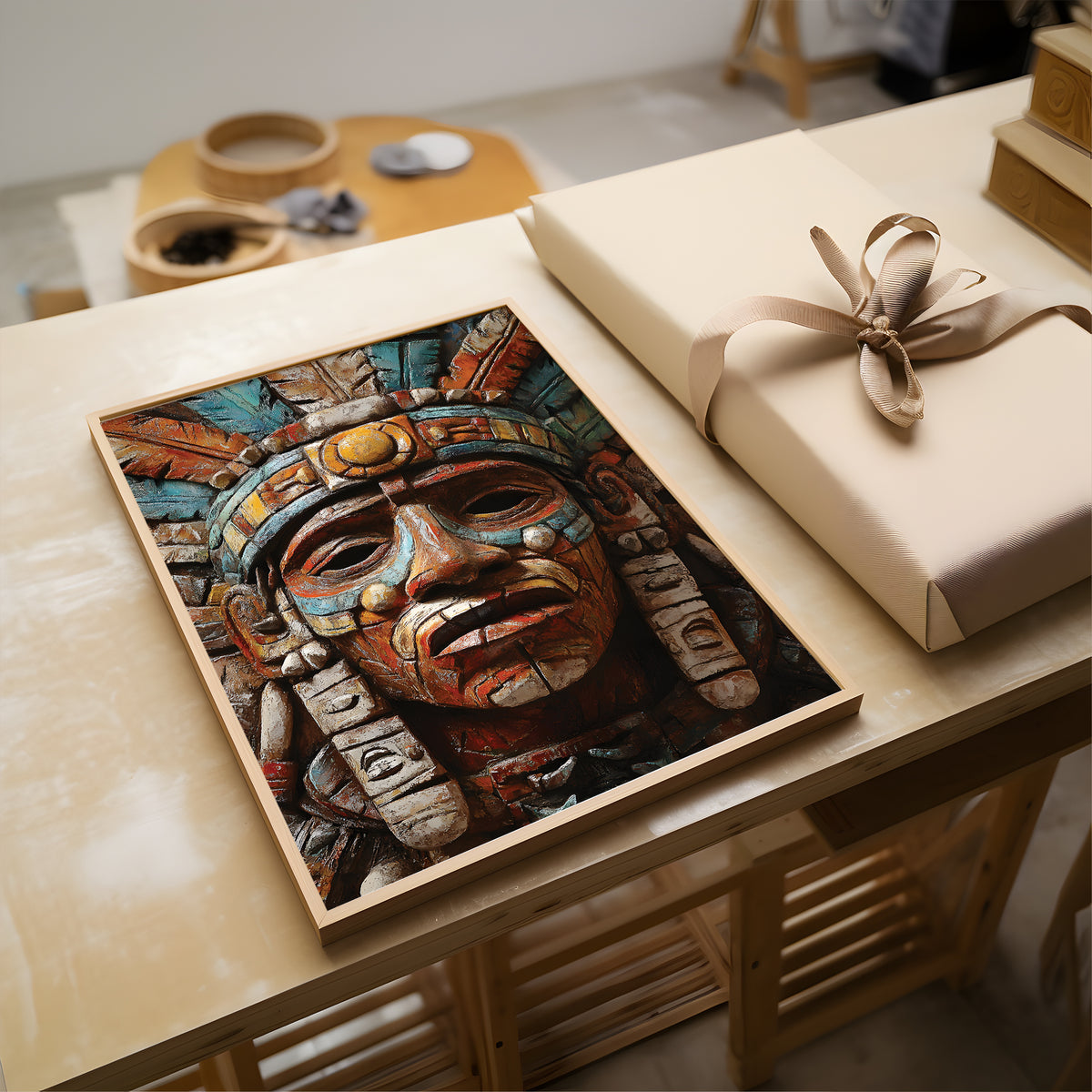 A framed art print featuring a detailed, colorful Aztec-style face mask with turquoise, red, and gold tones, displayed on a light wood table next to a wrapped gift box.
