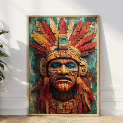 A framed art print featuring a detailed Aztec-style warrior mask with a large feathered headdress, leaning against a white wall on a light wood floor next to a green plant.