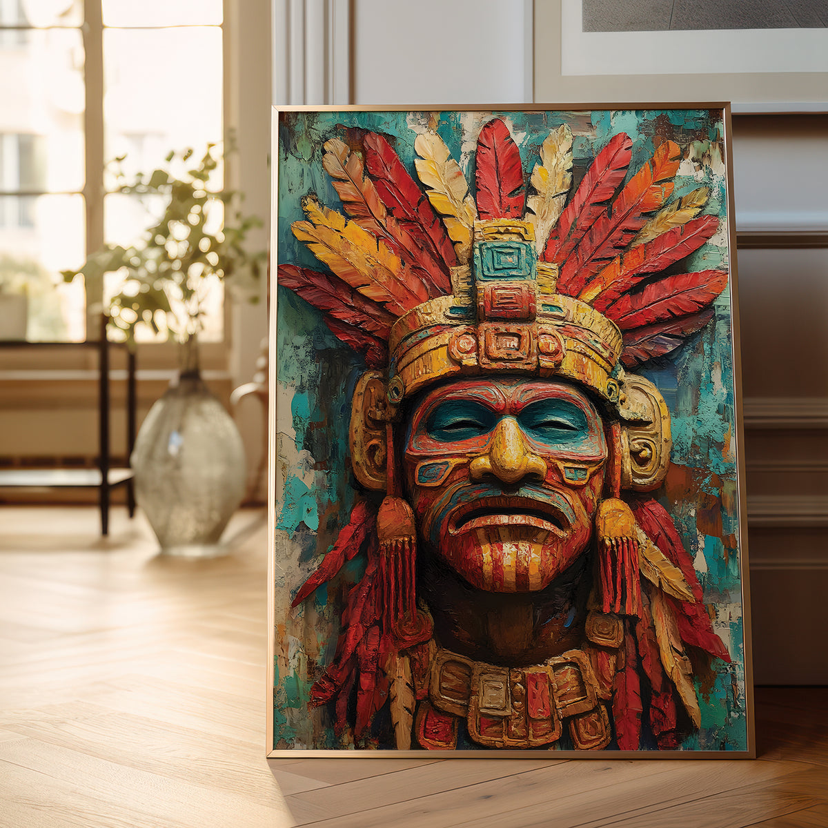 A framed vertical canvas art print leaning against a wall on a light wood floor in a bright room. The artwork depicts a stylized Aztec-style warrior face with a detailed feathered headdress in red, orange, yellow, and teal, with blue painted details on the face.