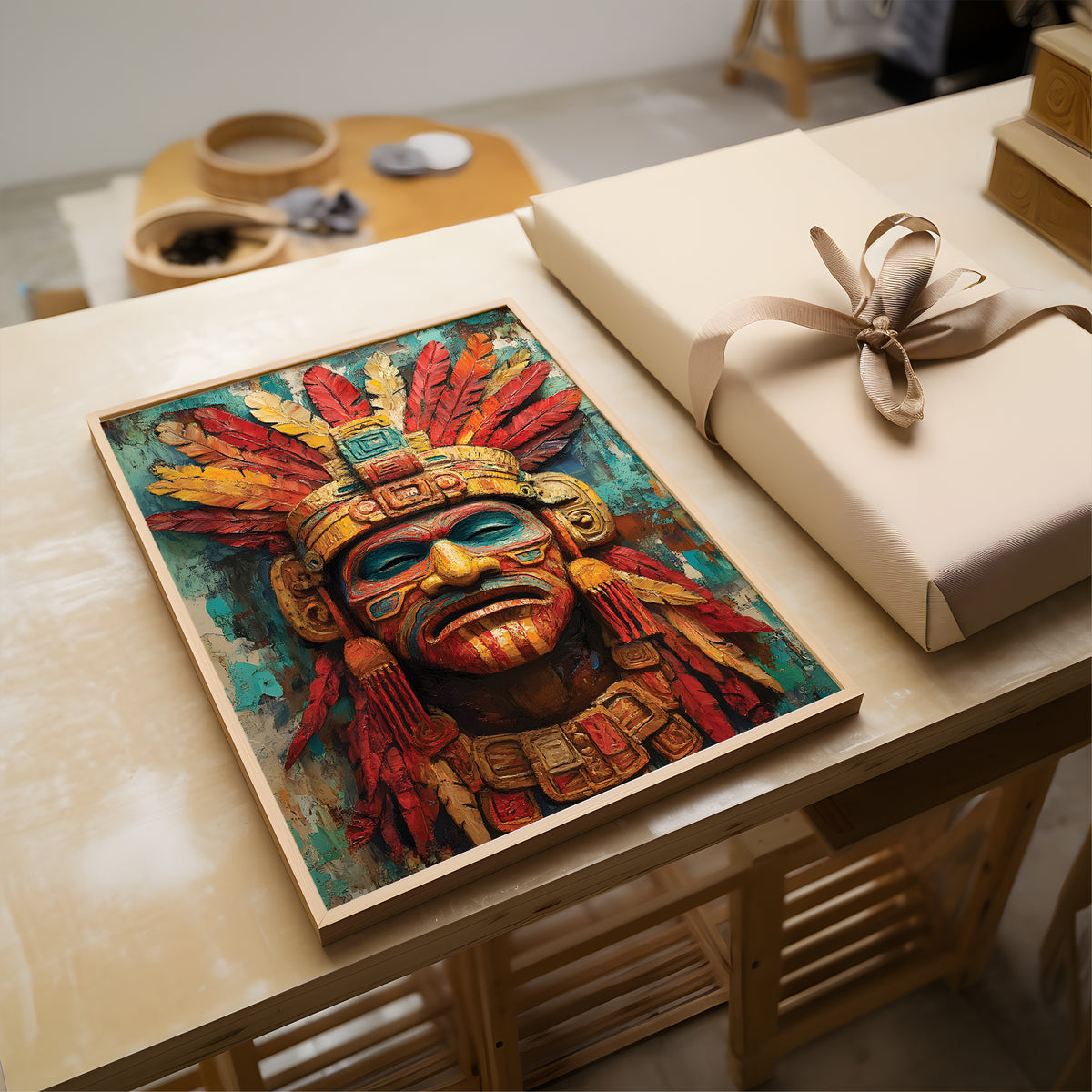 A framed colorful artwork depicting an Aztec-style face with red and yellow feathers and turquoise background, displayed on a wooden table next to a wrapped gift box.