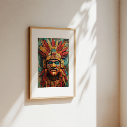A framed art print featuring a colorful Aztec-style calendar face with a feathered headdress, displayed on a warm beige wall with soft sunlight and leaf shadows.