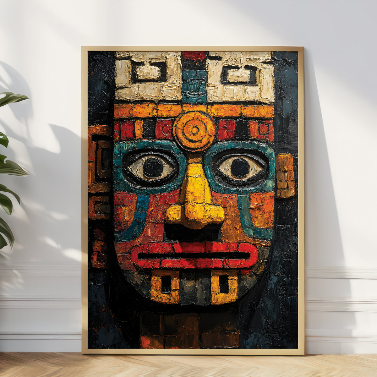 A large framed art print featuring a colorful, textured Aztec-style face mask leaning against a white wall on a light wood floor, with a green plant leaf visible on the left.