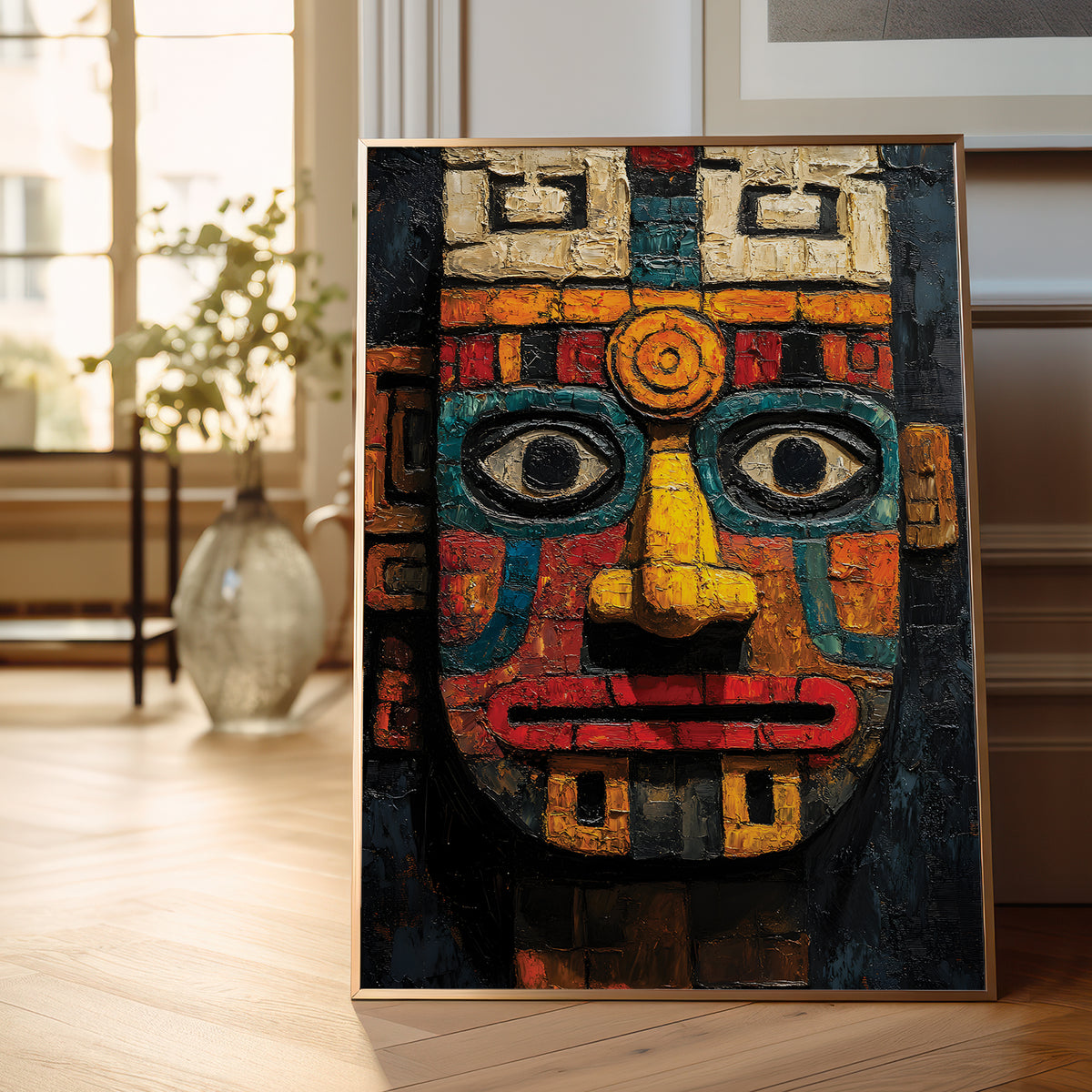 A framed colorful art print depicting a stylized Aztec-inspired face mask, leaning against a wall on a light wood floor in a bright, modern room.