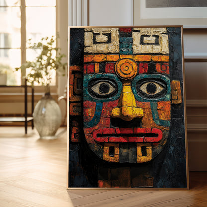 A framed colorful art print depicting a stylized Aztec-inspired face mask, leaning against a wall on a light wood floor in a bright, modern room.
