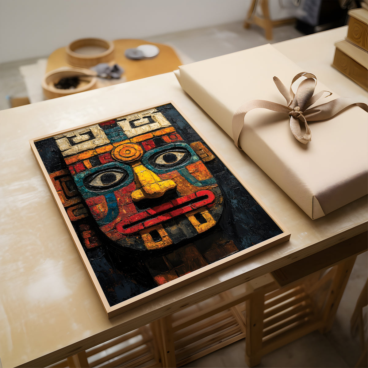 A framed colorful art print featuring a stylized mask design, displayed on a light wood table next to a beige gift box with a ribbon.