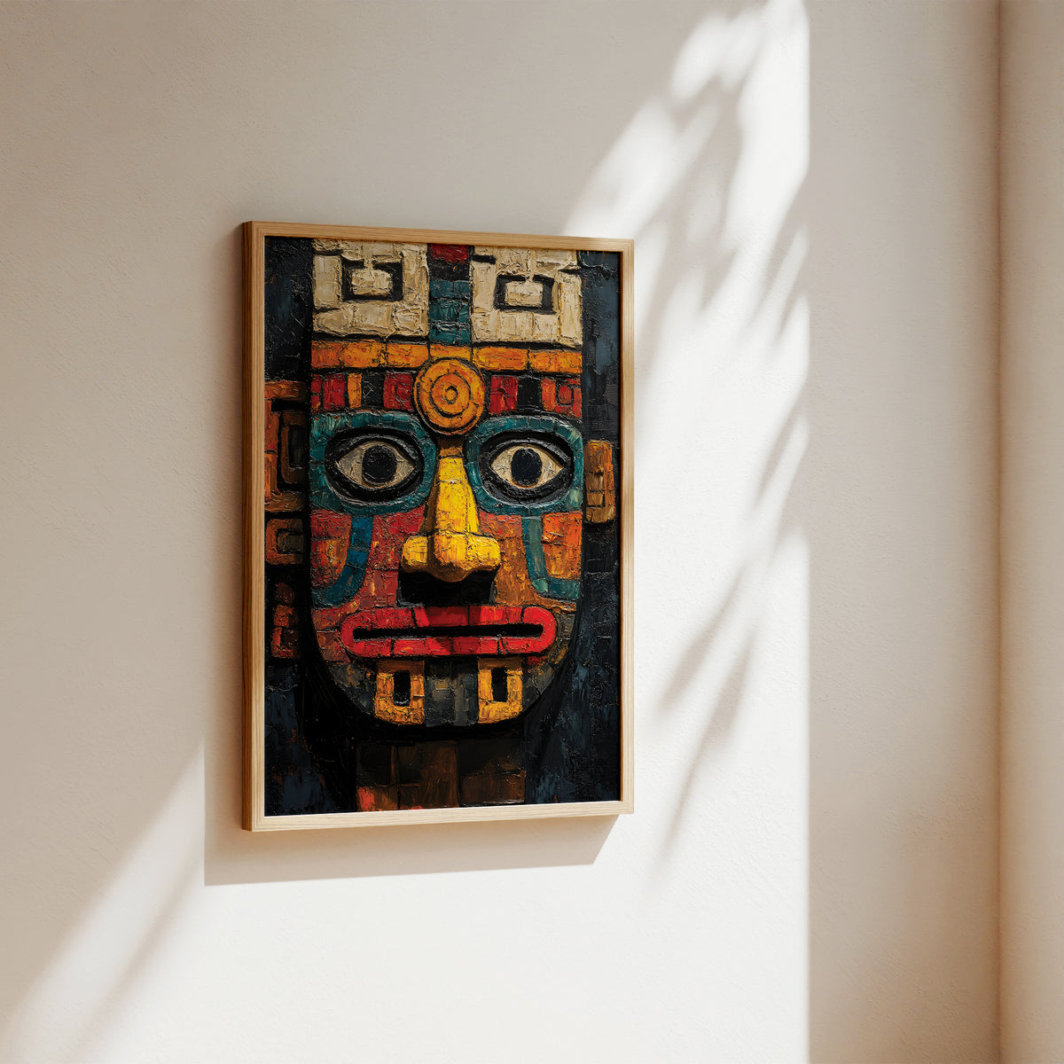 A framed colorful wall art piece featuring a stylized face with geometric patterns, hanging on a beige wall with soft sunlight and leaf shadows.