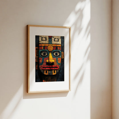 A framed art print featuring a colorful Aztec-style face mask, displayed on a warm beige wall with soft, dappled sunlight casting leaf shadows.