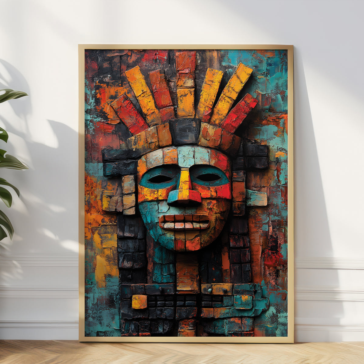 A framed vertical canvas art print featuring a colorful, textured Aztec-style mask, leaning against a white wall on a light wood floor next to a green plant.