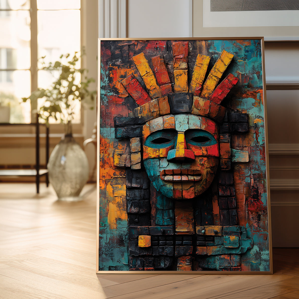 A framed colorful wall art print leaning against a wall on a light wood floor, showing an abstract Aztec-inspired face mask with a radiating headdress in teal, orange, red, yellow, and black tones. The background is a softly blurred interior room with a window and vase.