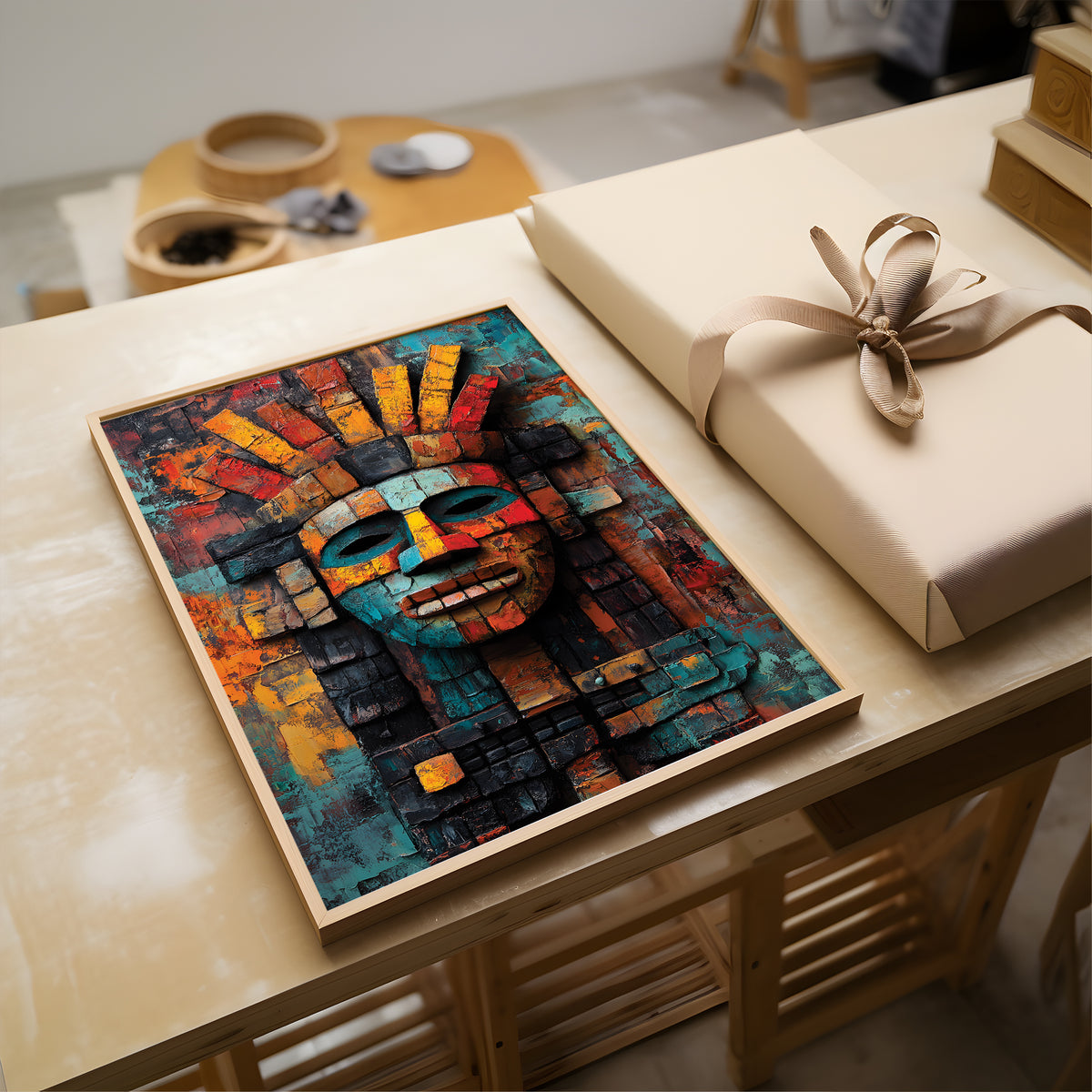 A framed colorful art print featuring a stylized face made of geometric shapes in teal, orange, red, and black, displayed on a light wood table next to a wrapped gift box.
