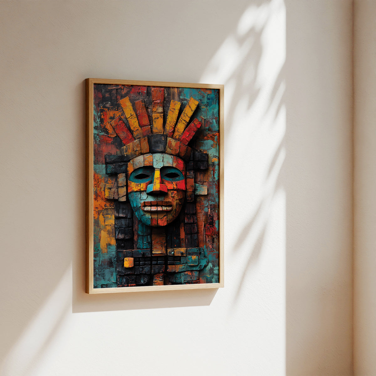 A framed abstract wall art print featuring a stylized face with geometric and block-like textures in teal, orange, red, black, and gold tones, hanging on a beige wall with soft sunlight and leaf shadows.