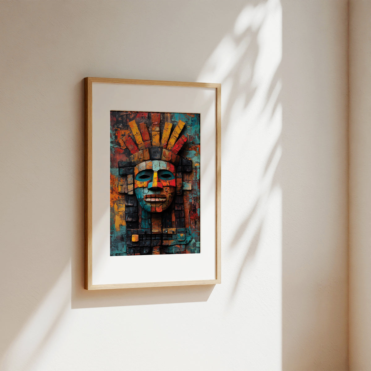 A framed art print featuring a colorful, geometric Aztec-style face with a sun motif, displayed on a warm beige wall with soft, natural leaf shadows.