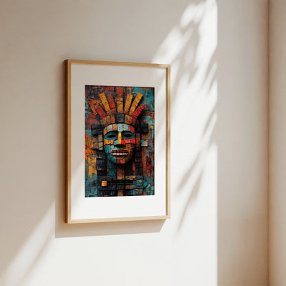 A framed art print featuring a colorful, geometric Aztec-style face with a sun motif, displayed on a warm beige wall with soft, natural leaf shadows.
