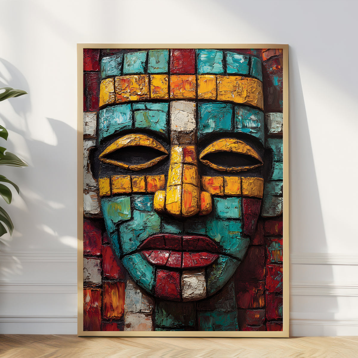 A framed wall art print featuring a colorful mosaic-style face made of geometric tile-like blocks in teal, yellow, red, orange, black, and white, leaning against a white wall on a wood floor with a plant partially visible at the left edge.