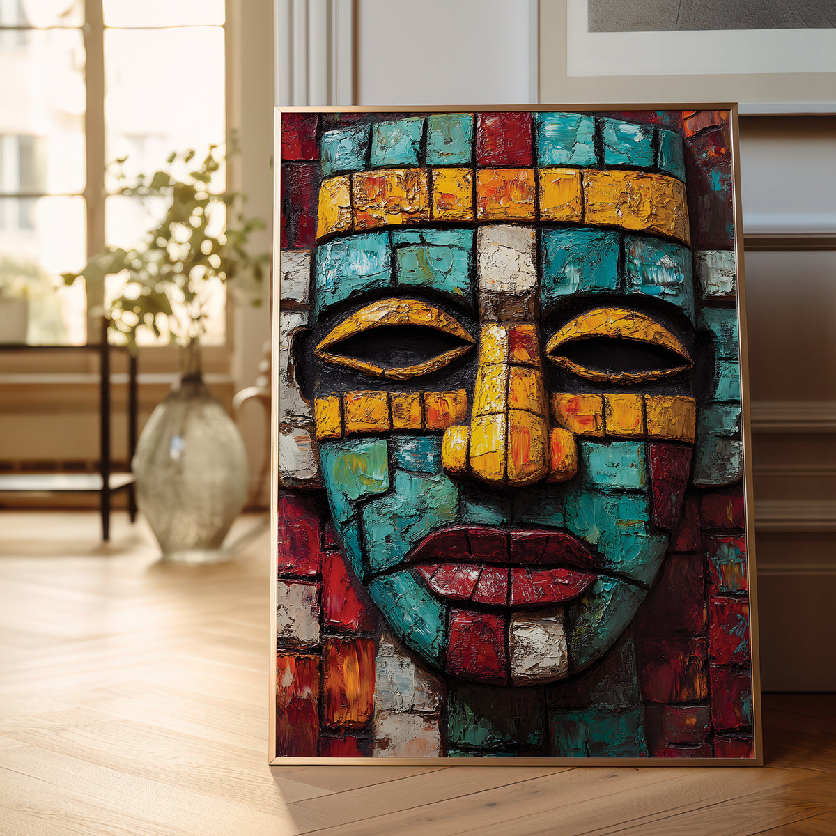 A framed canvas painting of a stylized mosaic face in teal, yellow, red, orange, and white, leaning against a wall in a bright, modern room with a vase and window in the background.