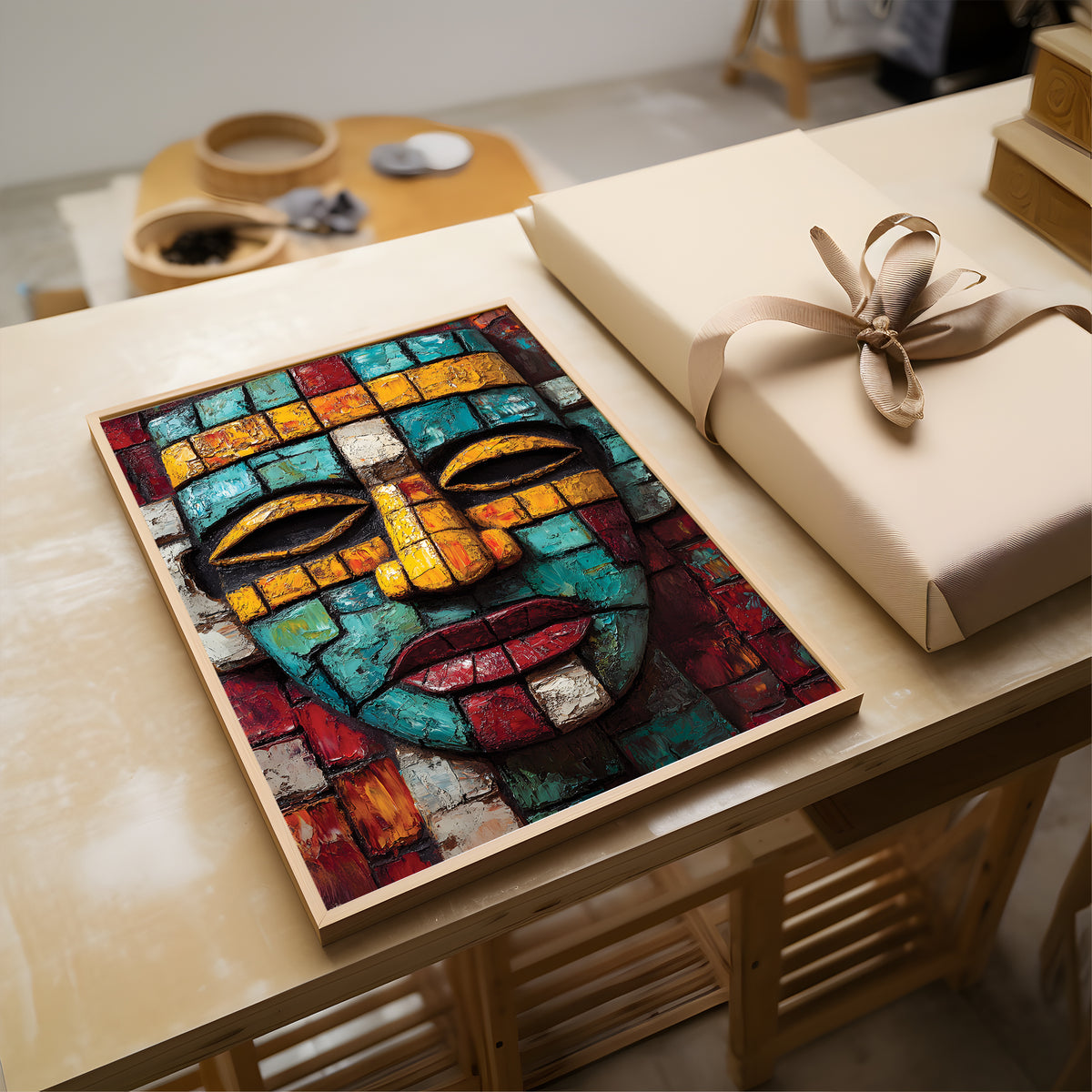 A colorful mosaic-style wall art piece depicting a stylized face, displayed on a wooden table next to a wrapped gift box with a beige ribbon.