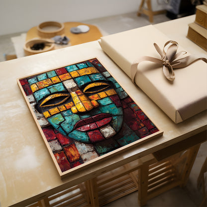 A colorful mosaic-style wall art piece depicting a stylized face, displayed on a wooden table next to a wrapped gift box with a beige ribbon.