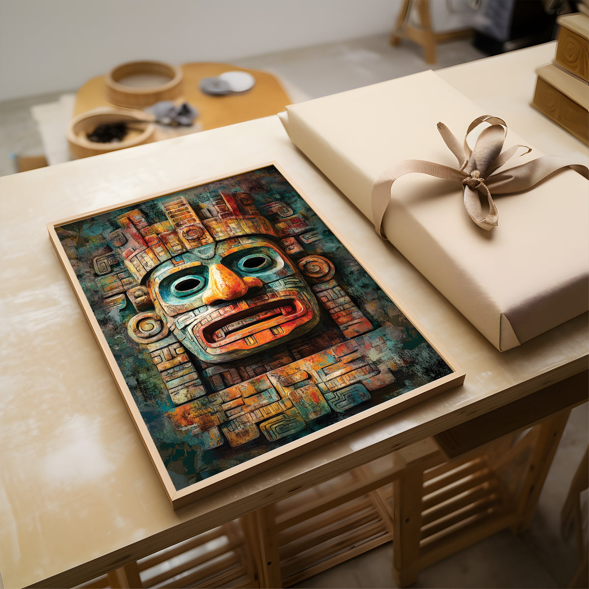 A framed art print featuring an Aztec-style calendar mask in vibrant teal, orange, and brown tones, displayed on a light wood table next to a wrapped gift box.