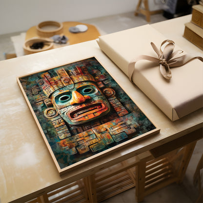 A framed art print featuring an Aztec-style calendar mask in vibrant teal, orange, and brown tones, displayed on a light wood table next to a wrapped gift box.