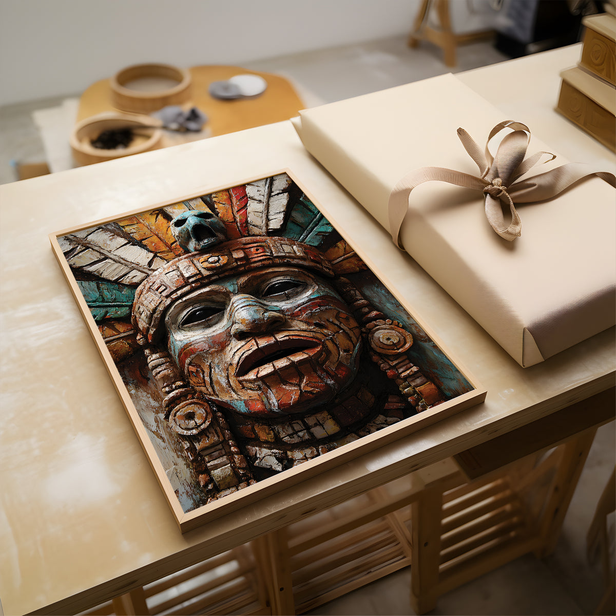 A framed art print featuring an Aztec-style carved mask with detailed turquoise, red, and brown tones, displayed on a light wood table next to a wrapped gift box with a beige ribbon.