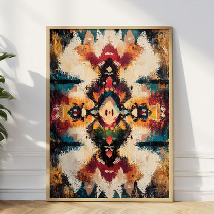 A framed abstract art print with a symmetrical, kaleidoscopic pattern in cream, orange, red, teal, and black, leaning against a white wall on a light wood floor.