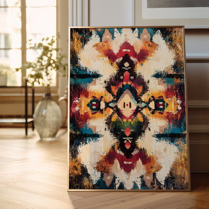 A framed abstract art print with a symmetrical, kaleidoscopic pattern in cream, orange, red, blue, and black, leaning against a light gray wall on a wooden floor.