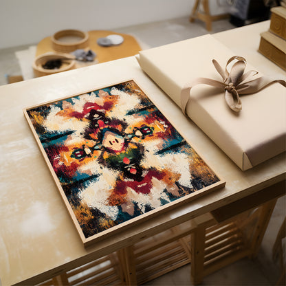 A framed abstract art print with a colorful, textured cross-like design in cream, red, blue, black, and gold tones, displayed on a light wood table next to a wrapped gift box with a beige ribbon.