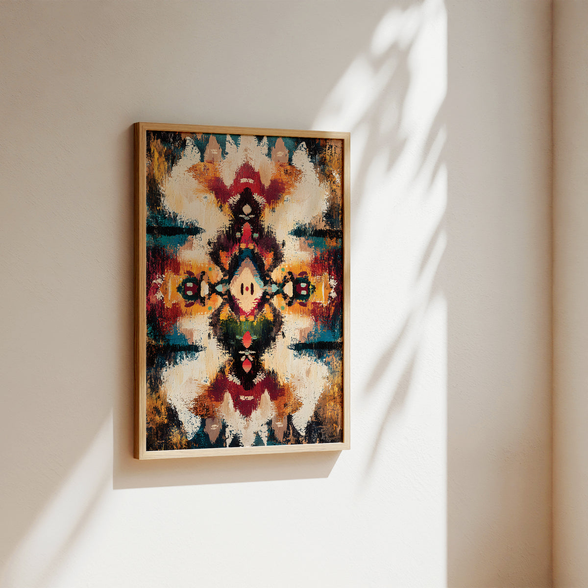 A framed abstract art print with a symmetrical, kaleidoscopic pattern in warm and cool tones, hanging on a beige wall with soft sunlight and leaf shadows cast across it.