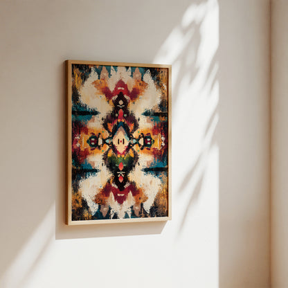 A framed abstract art print with a symmetrical, kaleidoscopic pattern in warm and cool tones, hanging on a beige wall with soft sunlight and leaf shadows cast across it.
