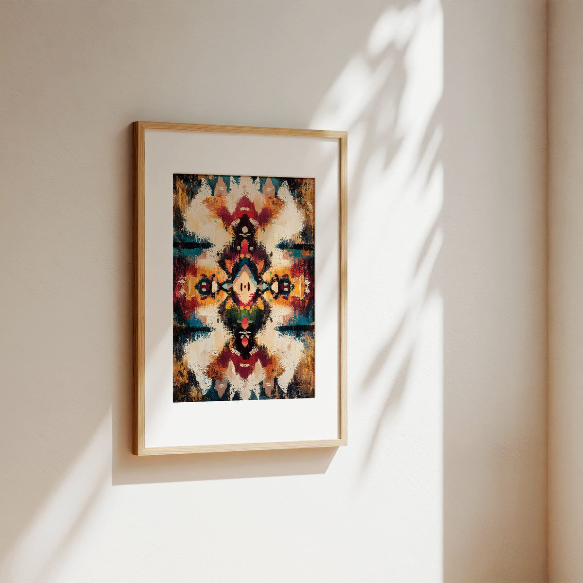 A framed abstract art print with a symmetrical, kaleidoscopic pattern in warm and cool tones, hanging on a beige wall with soft sunlight and leaf shadows.