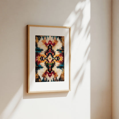 A framed abstract art print with a symmetrical, kaleidoscopic pattern in warm and cool tones, hanging on a beige wall with soft sunlight and leaf shadows.