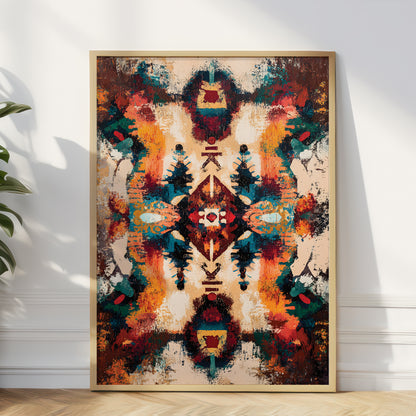 A framed abstract art print with a Southwestern geometric pattern in warm orange, brown, teal, and cream tones, leaning against a white wall on a light wood floor.