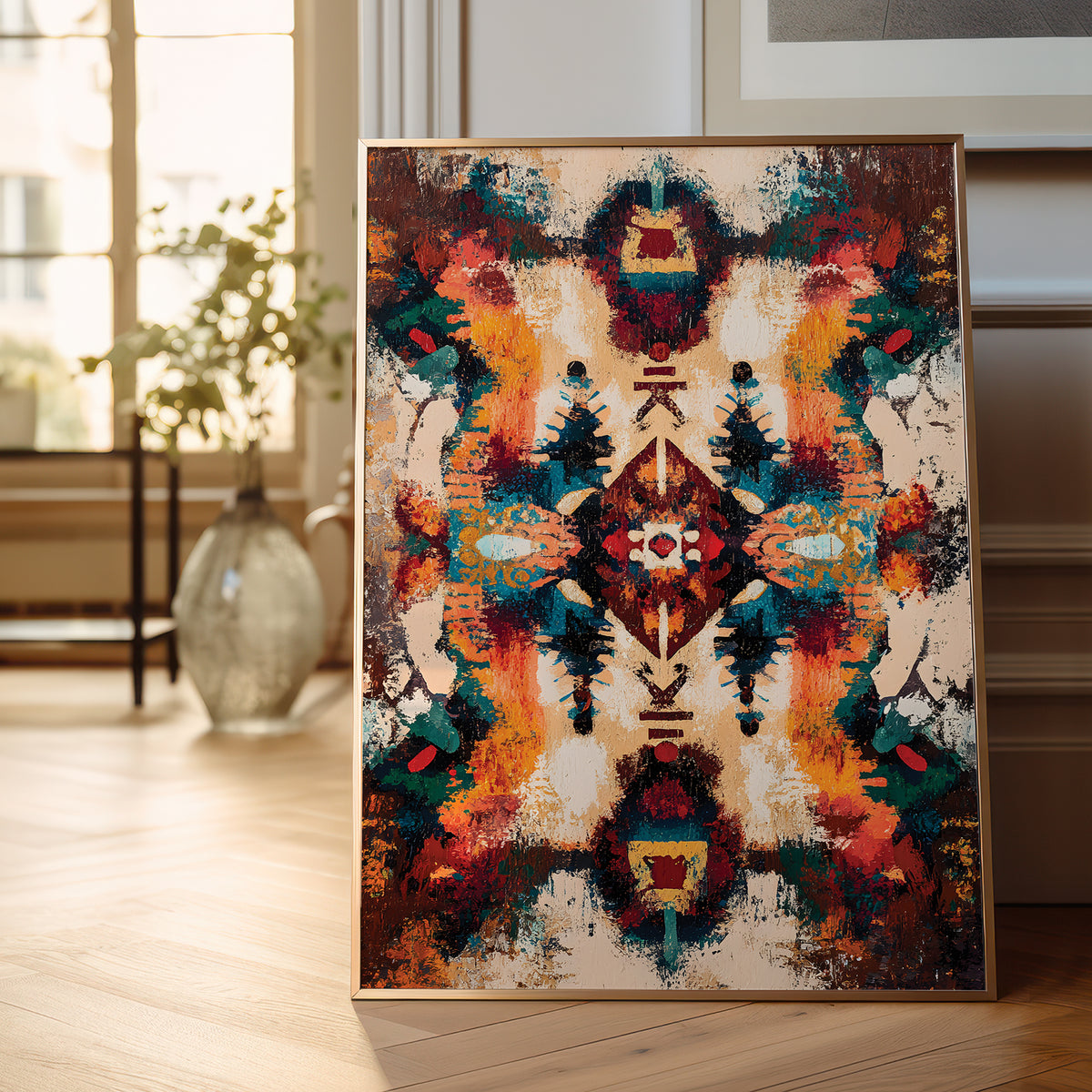 A framed abstract art print with a Southwestern geometric pattern in vibrant orange, teal, red, and brown tones, leaning against a light gray wall on a light wood floor.