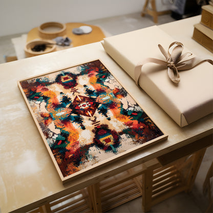 A framed abstract art print with a colorful geometric and floral-inspired pattern in orange, teal, red, and cream, displayed on a light wood table next to a wrapped gift box with a beige ribbon.