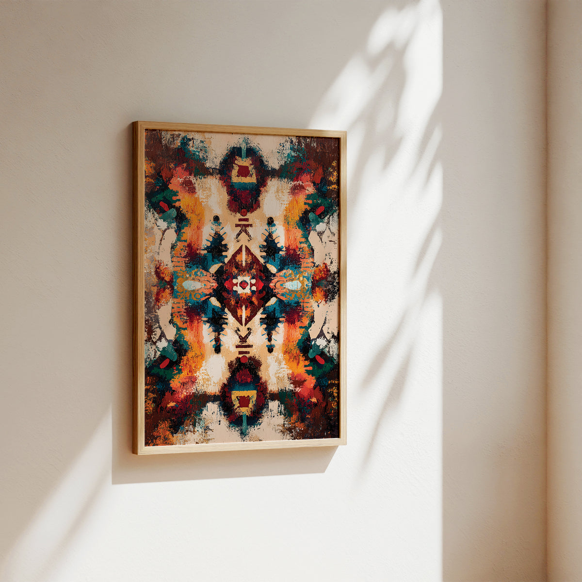 A framed abstract art print with a symmetrical, colorful geometric pattern hangs on a warm beige wall. The artwork features a complex mix of red, orange, teal, brown, and cream, enclosed in a light wood frame.