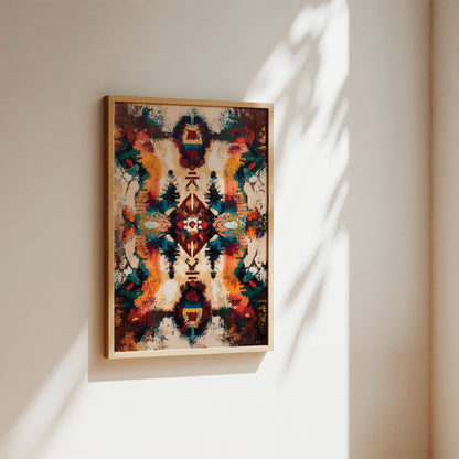 A framed abstract art print with a symmetrical, colorful geometric pattern hangs on a warm beige wall. The artwork features a complex mix of red, orange, teal, brown, and cream, enclosed in a light wood frame.