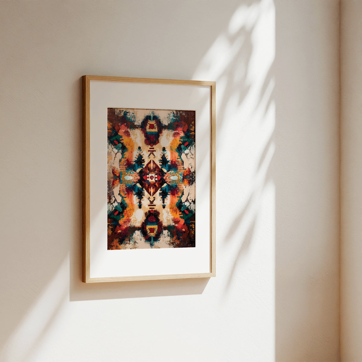 A framed abstract art print with a symmetrical, colorful ikat-inspired pattern, hanging on a warm beige wall with soft sunlight and leaf shadows.