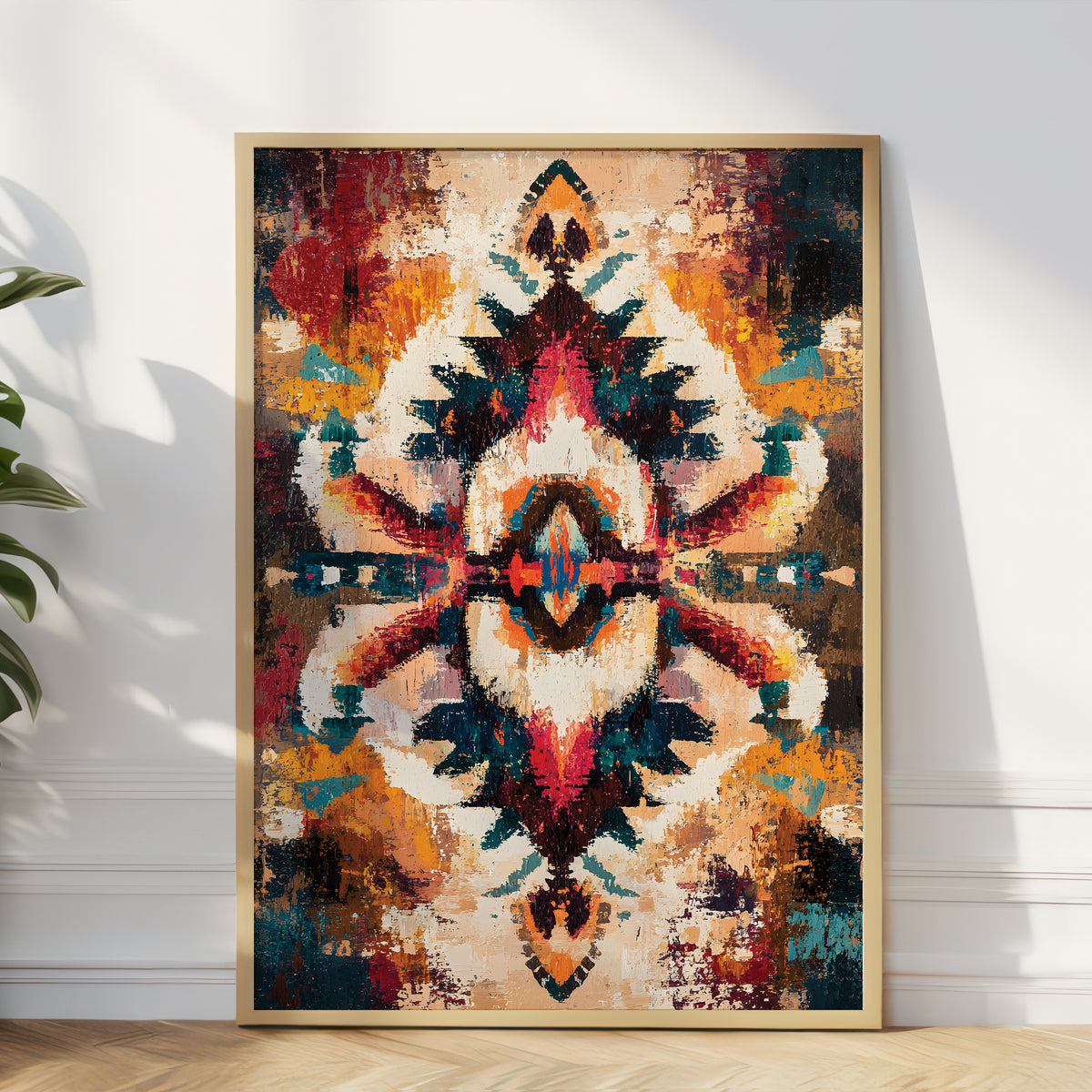 A framed abstract art print with a symmetrical, kaleidoscopic pattern in warm and cool tones, leaning against a white wall on a light wood floor next to a green plant.