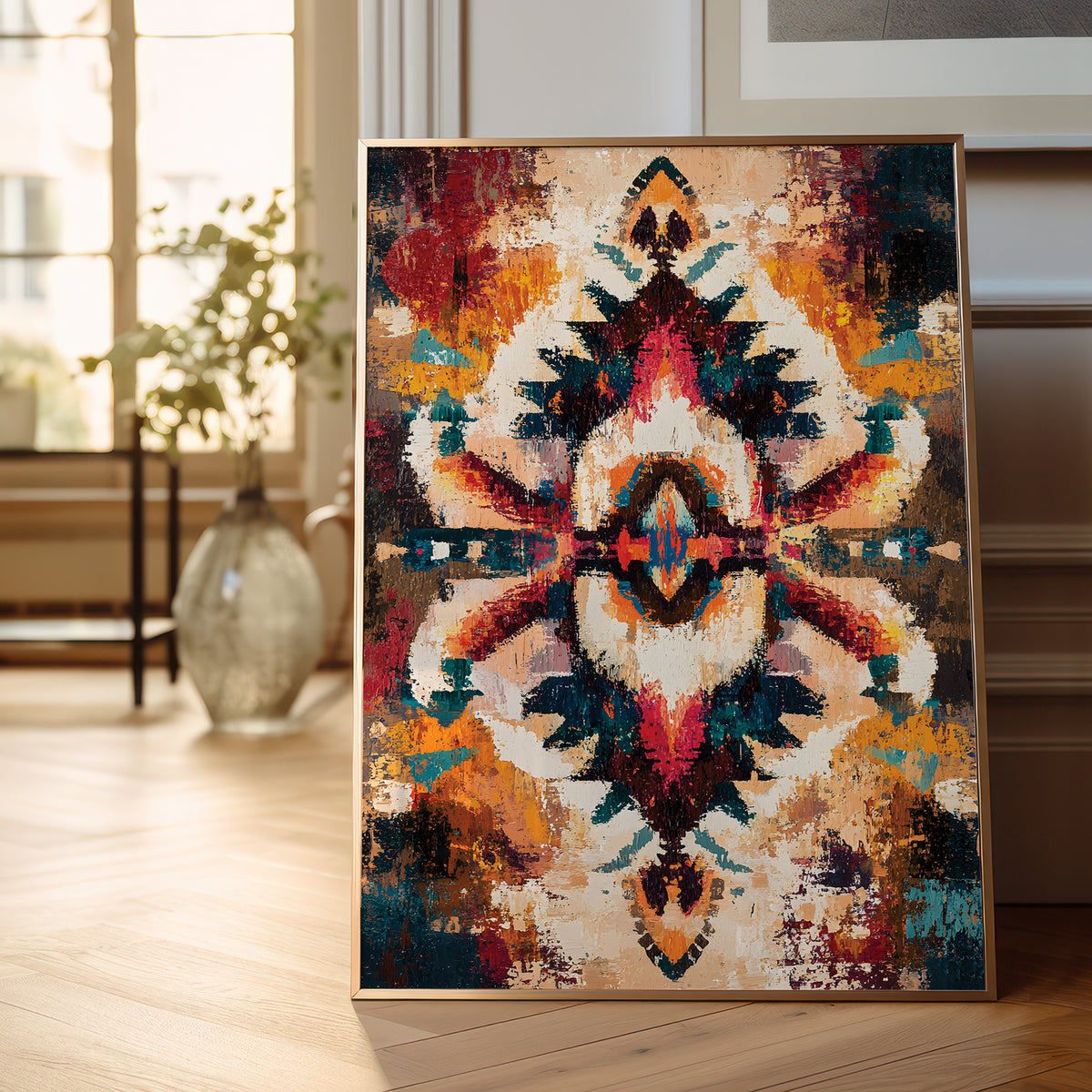 A framed abstract art print with a symmetrical, kaleidoscopic pattern in warm orange, cream, red, and deep blue tones, leaning against a wall on a light wood floor in a bright, modern room.
