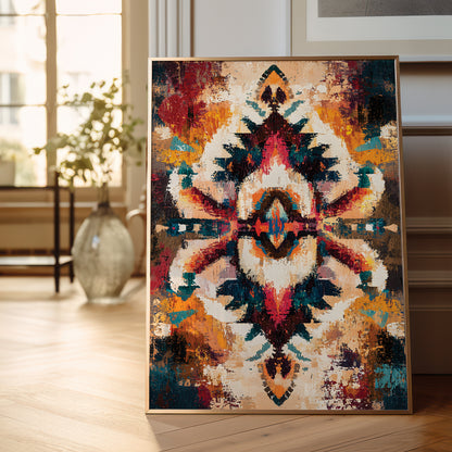 A framed abstract art print with a symmetrical, kaleidoscopic pattern in warm orange, cream, red, and deep blue tones, leaning against a wall on a light wood floor in a bright, modern room.