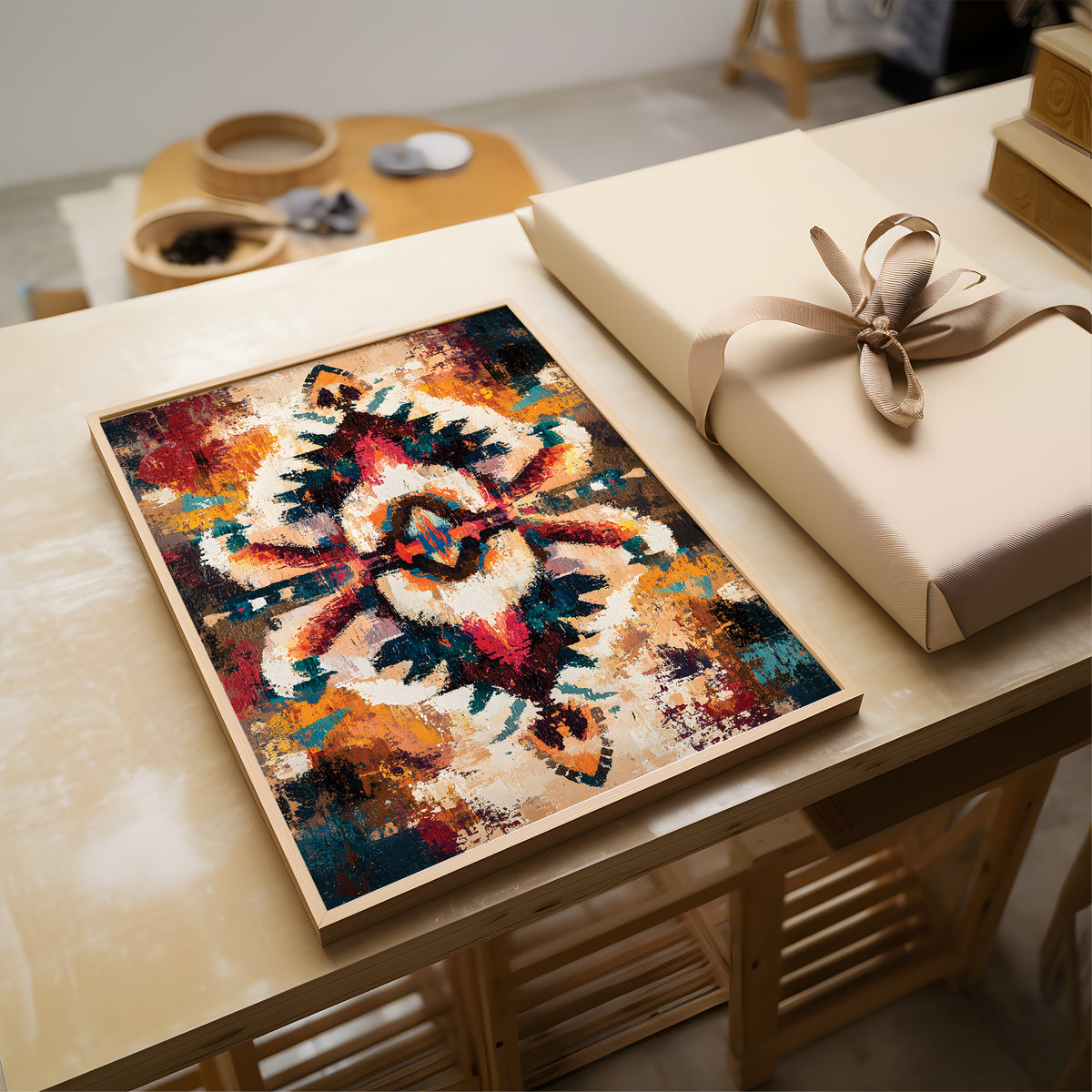 A framed abstract art print featuring a colorful geometric floral pattern, displayed on a light wooden table next to a wrapped gift box with a beige ribbon.
