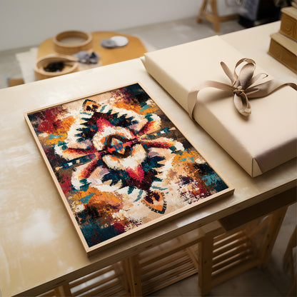 A framed abstract art print featuring a colorful geometric floral pattern, displayed on a light wooden table next to a wrapped gift box with a beige ribbon.