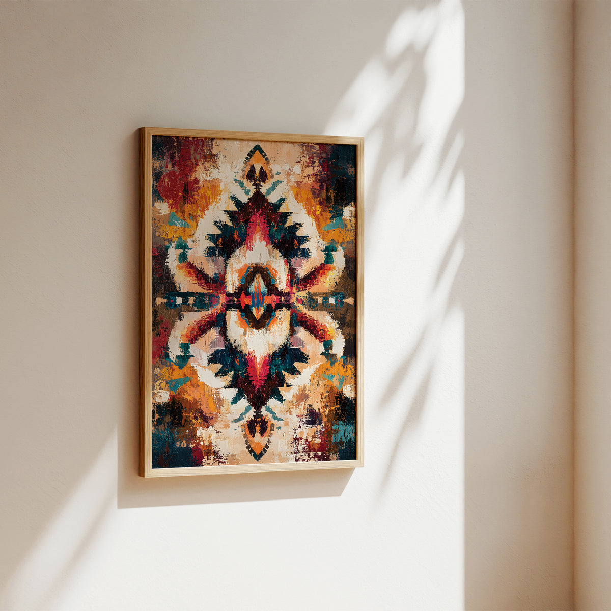 A framed abstract art print with a Southwestern-style geometric pattern in earthy tones of beige, brown, red, and blue, hanging on a warm beige wall with soft sunlight and leaf shadows.