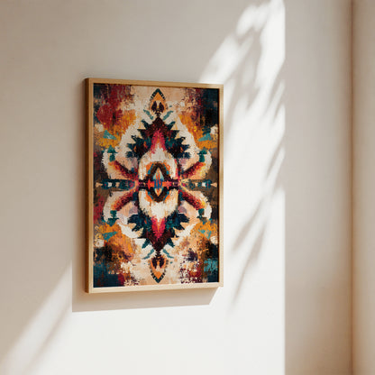 A framed abstract art print with a Southwestern-style geometric pattern in earthy tones of beige, brown, red, and blue, hanging on a warm beige wall with soft sunlight and leaf shadows.