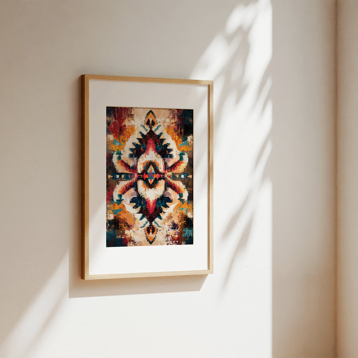A framed abstract art print with a colorful symmetrical pattern, displayed on a warm beige wall with soft sunlight and leaf shadows.