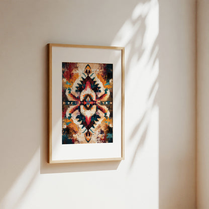 A framed abstract art print with a colorful symmetrical pattern, displayed on a warm beige wall with soft sunlight and leaf shadows.